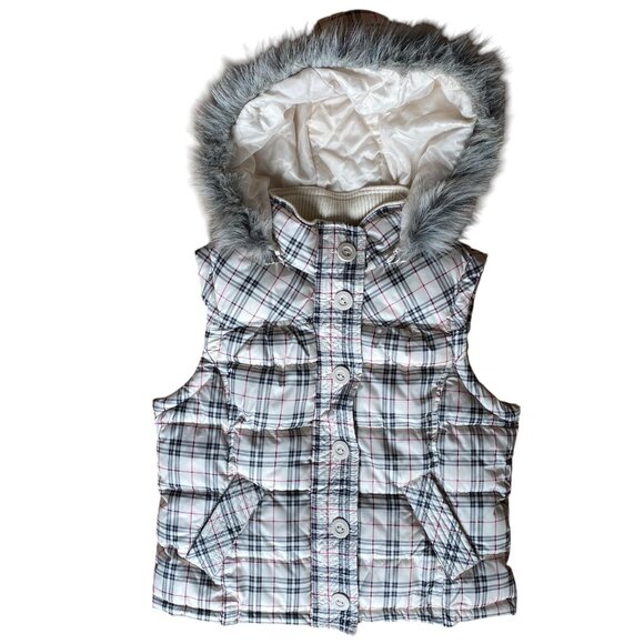 Vintage Aeropostle Plaid Faux Fur Hooded Vest Removable Hood Puffer 90s Y2K-L - Picture 1 of 16